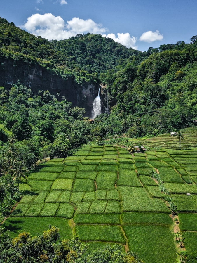 Curug Cimarinjung Waterfall Rice Terraces Drone Ciletuh Geopark West Java Indonesia