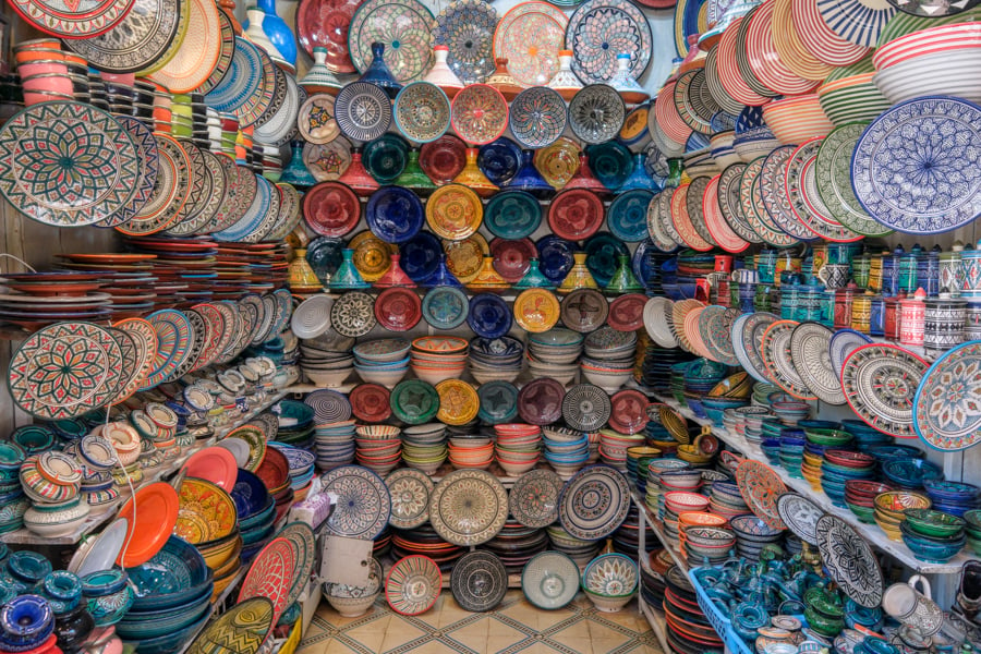 Dishes for sale at Souk Semmarine market in the Marrakesh medina