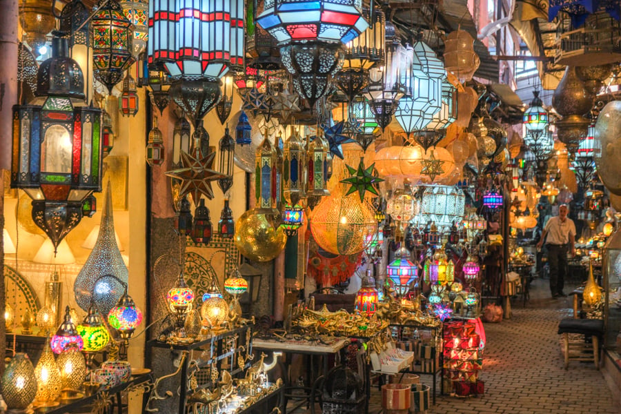 Lamps for sale at Souk Semmarine market in the Marrakesh medina