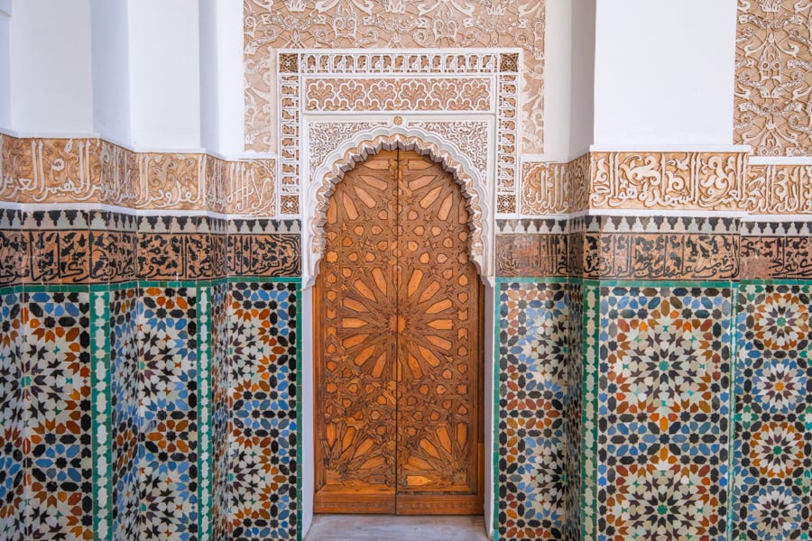 Intricate doorway at the Medresa Ben Youssef in Marrakesh Morocco