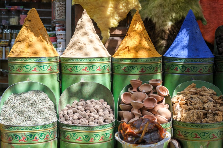 Spices on display in the Marrakesh medina market