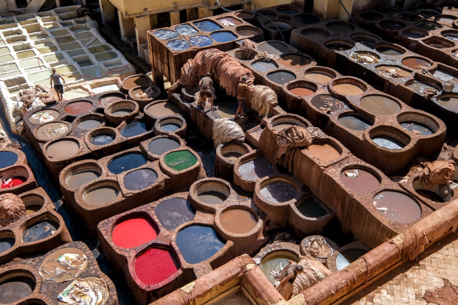 Colorful vats at the Fes leather tannery