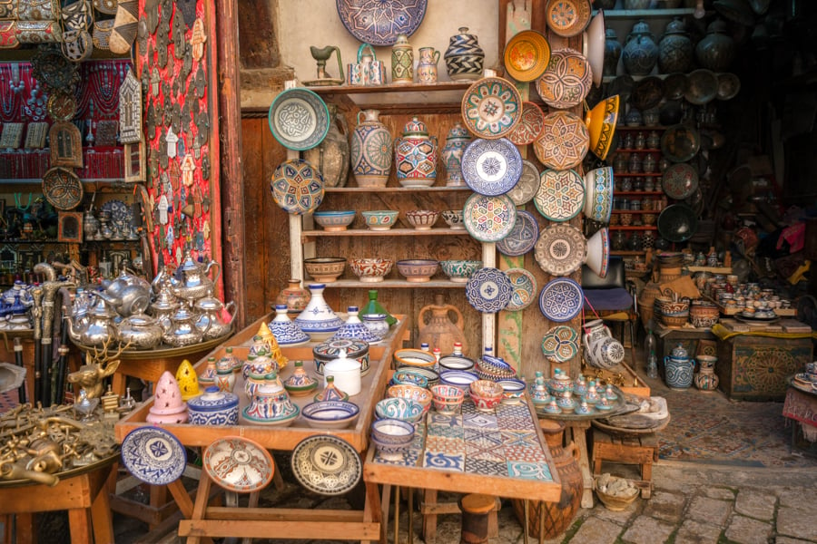 Dishes and wares for sale at the Fes medina in Morocco