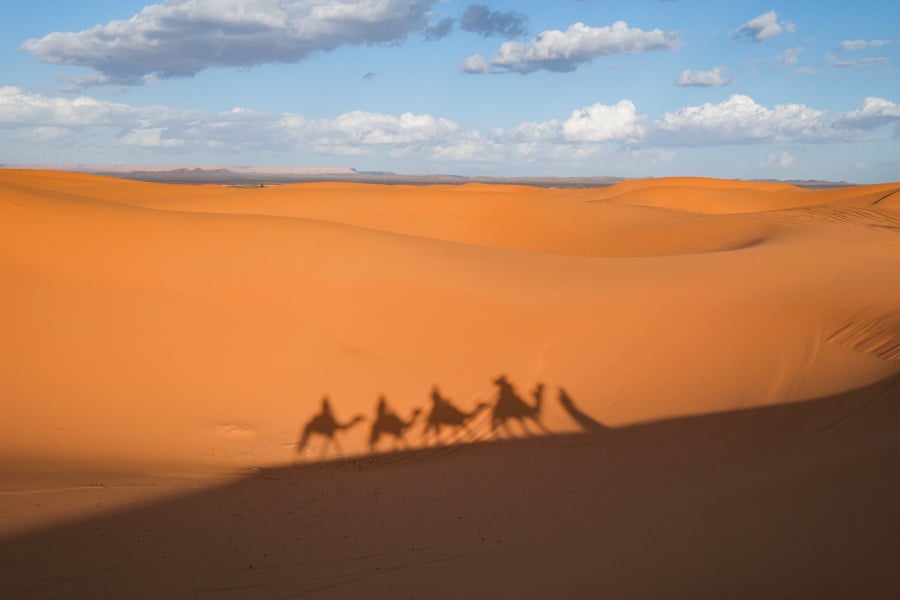 Sahara Desert Camel Ride Sunset Shadows Merzouga Morocco Itinerary