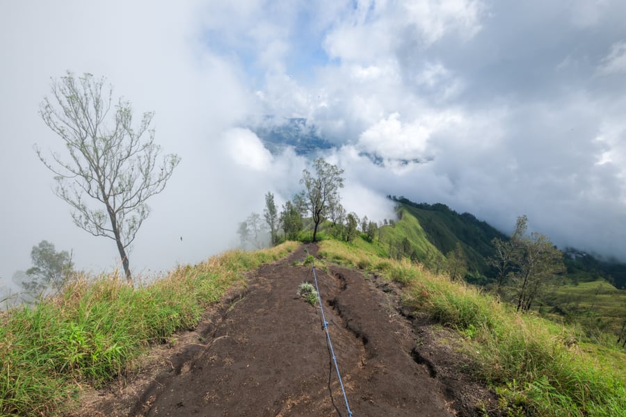 Looking back down at the trail and rope