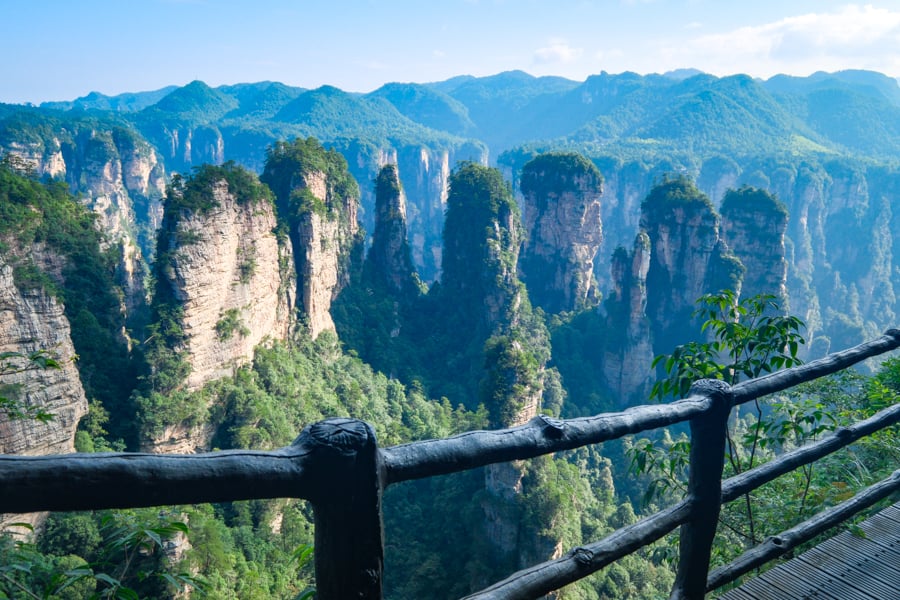 Looking over the balcony at Huangshi Village in Zhangjiajie China