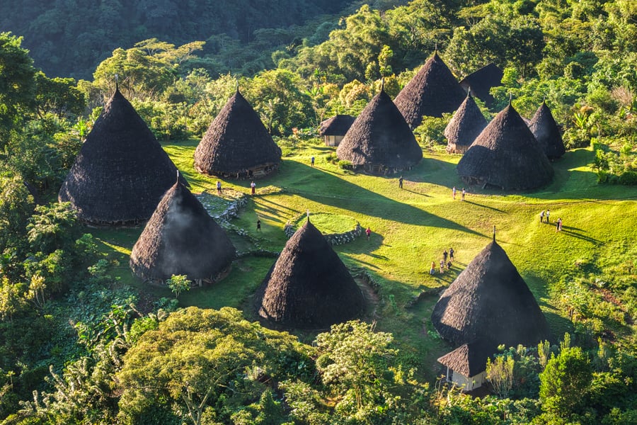 Wae Rebo village sunrise in Flores Indonesia drone