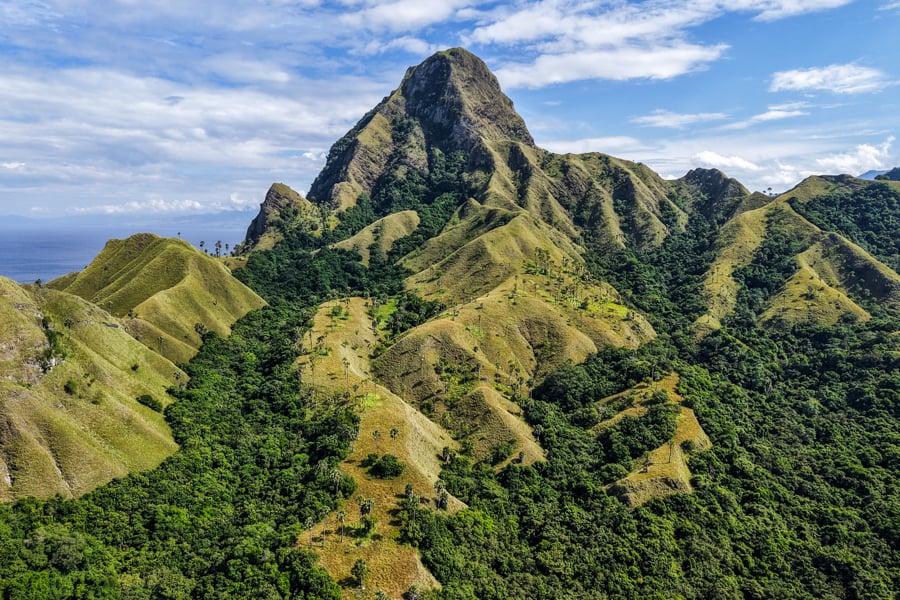 Drone picture of the hills on Nuca Molas island