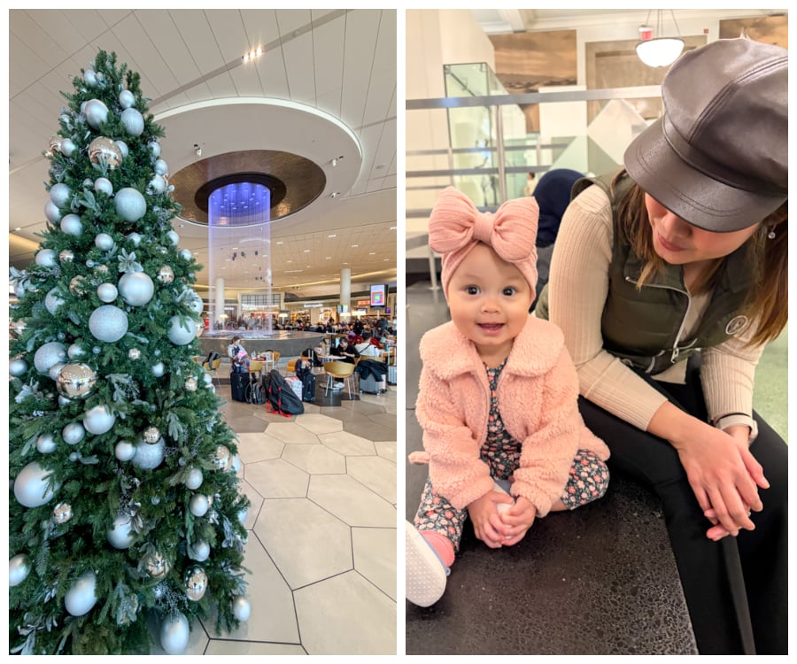 Christmas tree in LaGuardia airport and baby sitting on a bench