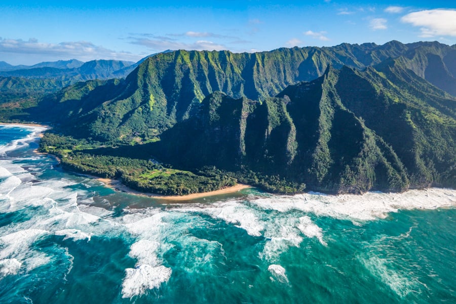 Doors off helicopter view of Kee Beach at Haena State Park