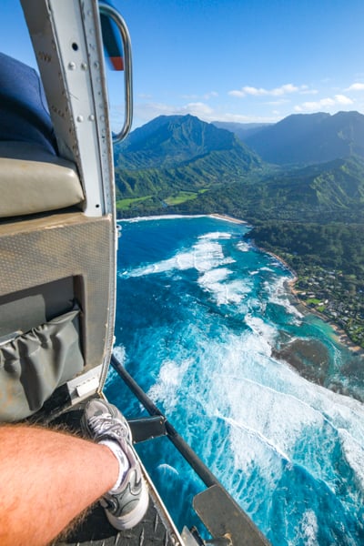 Flying over Haena Beach with the doors open