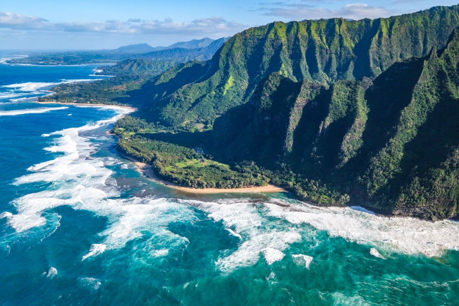 Doors off helicopter view of Kee Beach at Haena State Park