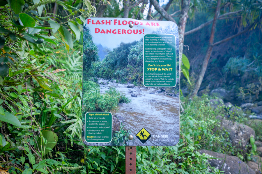 Flash flood warning sign at Hanakapiai stream