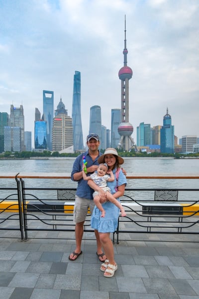 Couple with baby posing at the North Bund in Shanghai